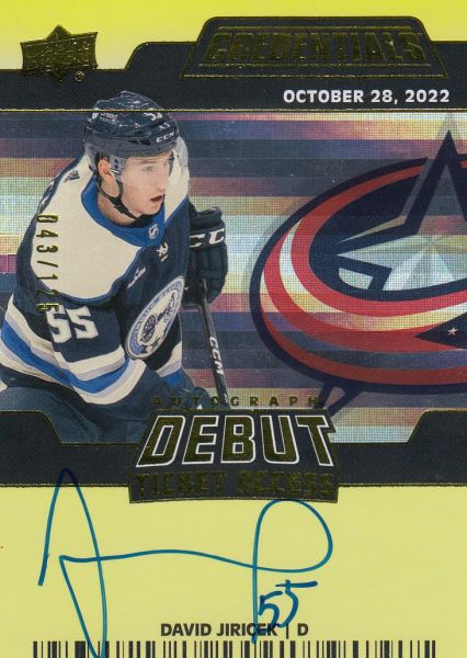 AUTO RC karta DAVID JIŘÍČEK 22-23 Credentials Debut Ticket Access Yellow /125
